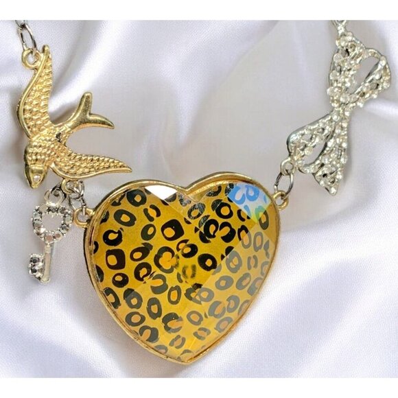 Bird Key Heart Bow Whimsical Silver Chainlink Necklace Crystal Animal Print 18"L - Picture 3 of 6